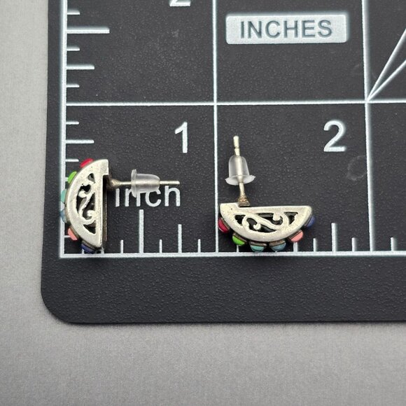 VTG Sterling Silver Multi Gemstone Earrings 5/8"x1/4" Filigree Accents Signed HS - Picture 9 of 9